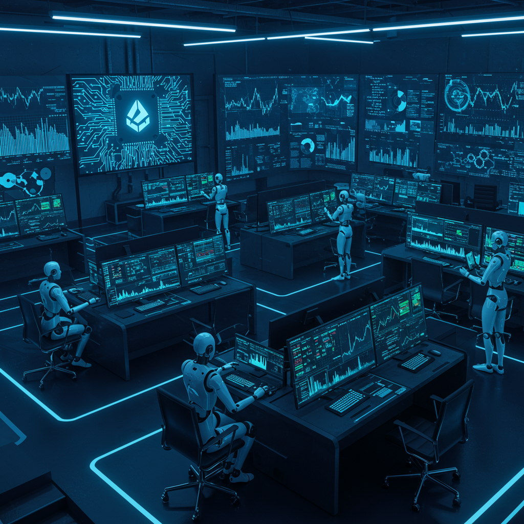 A futuristic trading floor filled with digital screens displaying crypto charts, AI algori