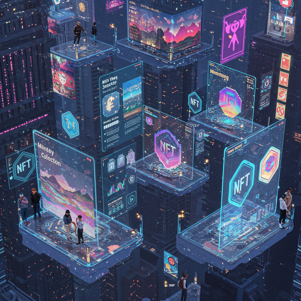 A vibrant digital marketplace bustling with colorful NFTs, showcasing unique art pieces, m