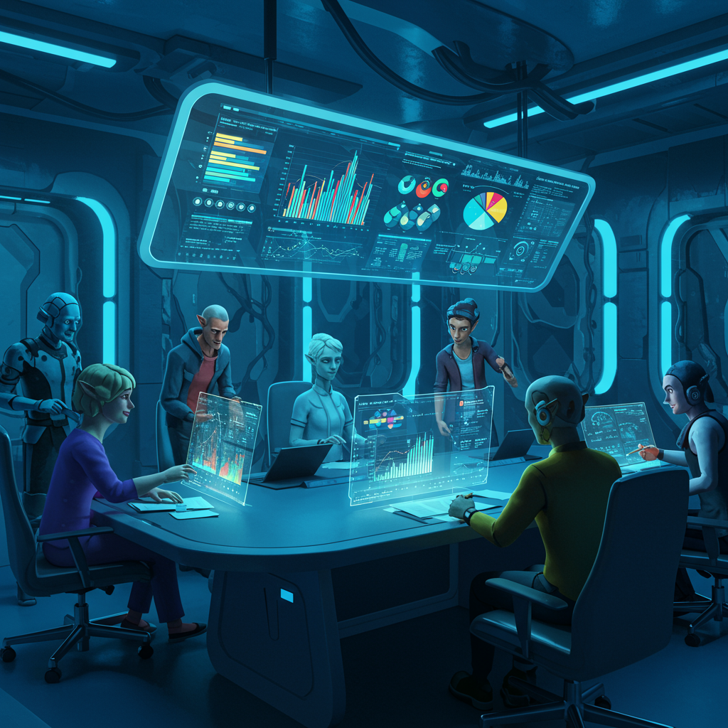 A futuristic council room filled with diverse avatars discussing holographic proposals, wi