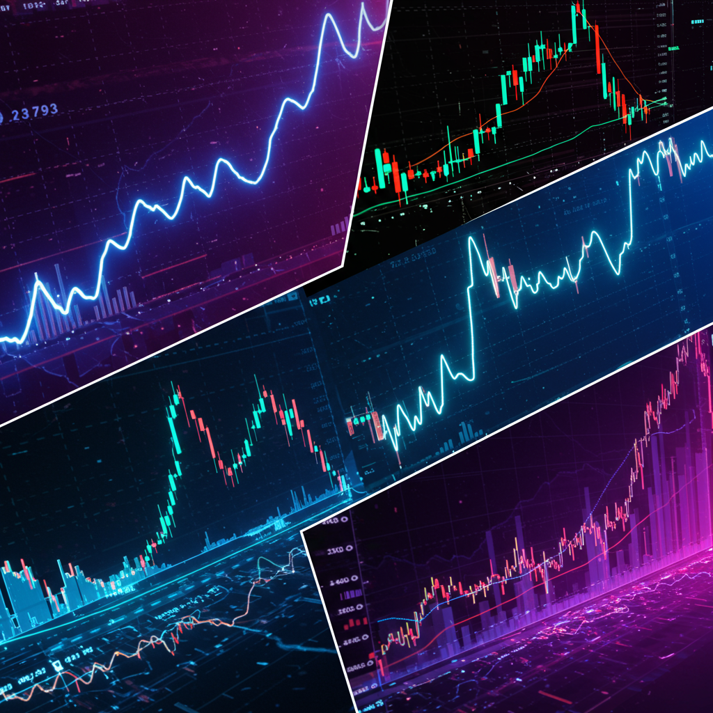 A colorful digital collage of four technical indicators: a moving average line, RSI graph,