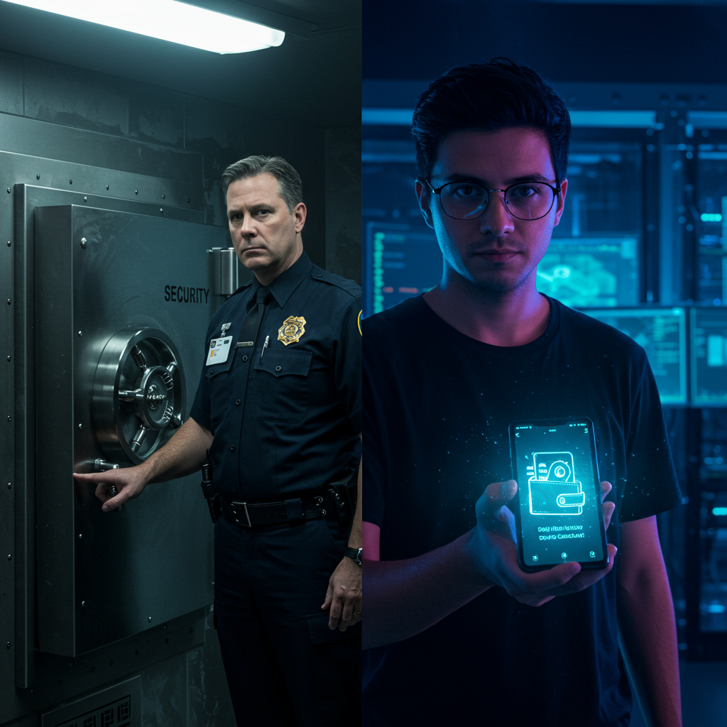 A split image: one side shows a secure vault with a qualified custodian, the other a perso
