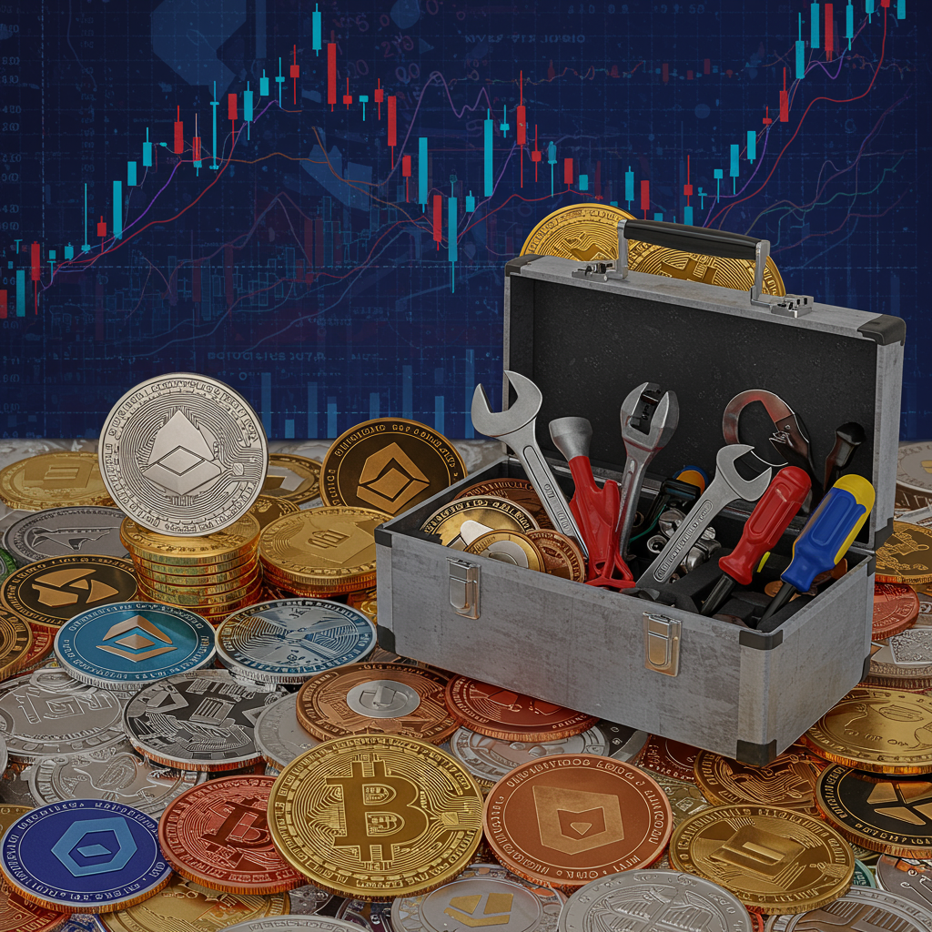 A vibrant collage of diverse cryptocurrencies represented as colorful coins, alongside a s