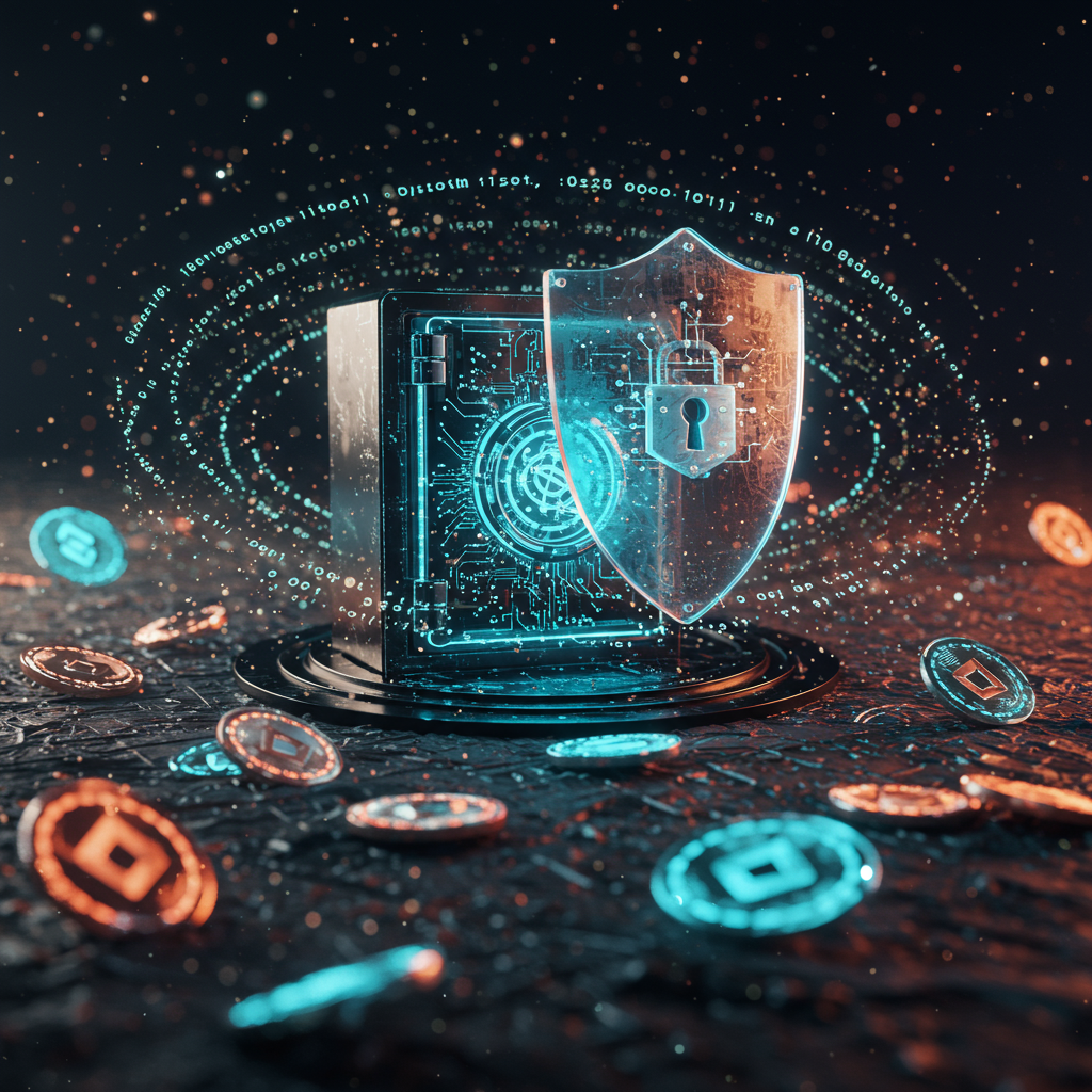 A digital vault surrounded by glowing seed phrases and a shield symbolizing multisignature