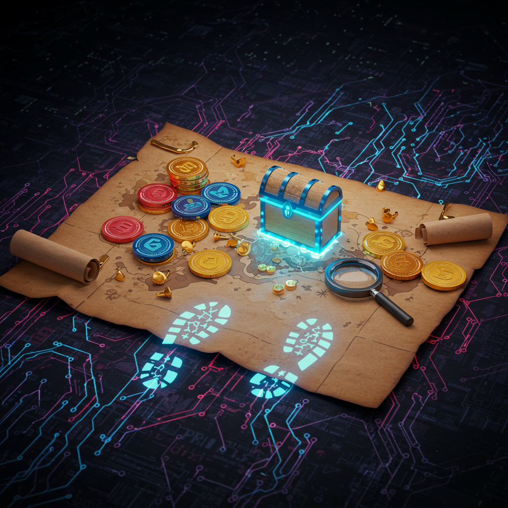 A vibrant treasure map filled with digital tokens, magnifying glass, and footprints leadin